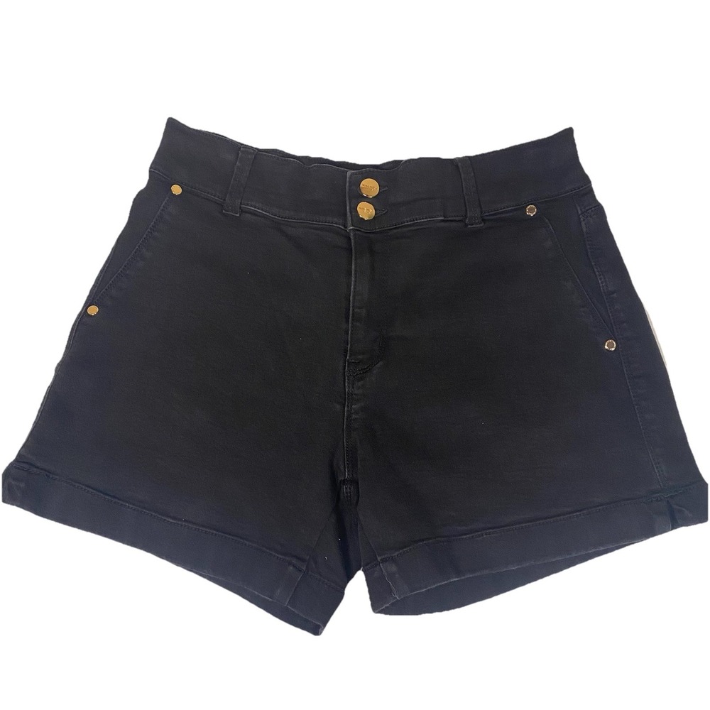 Women's Size 8 Nine West Jeans Black Mid Rise Shorts‎ Denim Stretch Gold Buttons